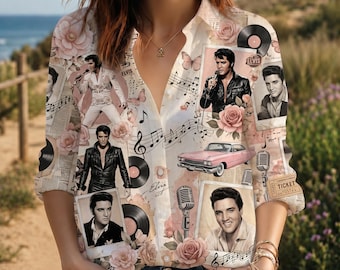 Elvis Presley Vintage Collage Blouse Shirt, Retro Rock N Roll Floral Top, Music Lover Button Up,  Elvis Fan Gift for Women