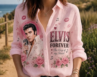 Elvis Presley Women's Button Up Blouse, Retro Rock and Roll Top, Long Sleeve Floral Shirt, Elvis Fan Gift