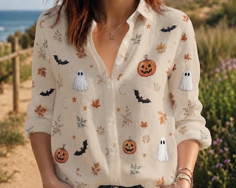 Blusa de Halloween con estampado de fantasmas y calabazas, top de manga larga espeluznante, ropa con estampado de hojas de otoño, linda camiseta para pedir dulces, atuendo para festivales de otoño.