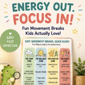 K&ouml;nnte beinhalten: Ein farbenfrohes Poster mit dem Text "ENERGY OUT. FOCUS IN!", das lustige Bewegungspausen f&uuml;r Kinder bewirbt. Enth&auml;lt einen gr&uuml;nen Dinosaurier mit einer Lupe und einen Leitfaden mit Aktivit&auml;tsideen.