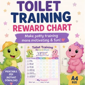 Pode incluir: Um gráfico de recompensas colorido para o treinamento do vaso sanitário com o texto "TOILET TRAINING REWARD CHART". Apresenta dinossauros de desenho animado, estrelas e o texto "Make potty training more motivating & fun!". Inclui "PRINTABLE PDF INSTANT DOWNLOAD".