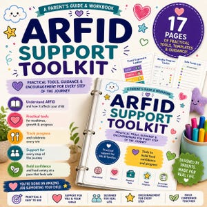 May include: A white binder titled ARFID SUPPORT TOOLKIT with a parent's guide and workbook. The cover features colourful icons of hearts, stars, and clouds. It includes 17 pages of practical tools, templates, and guidance for families, with text detailing support for mealtime progress, food confidence, and tracking wins.