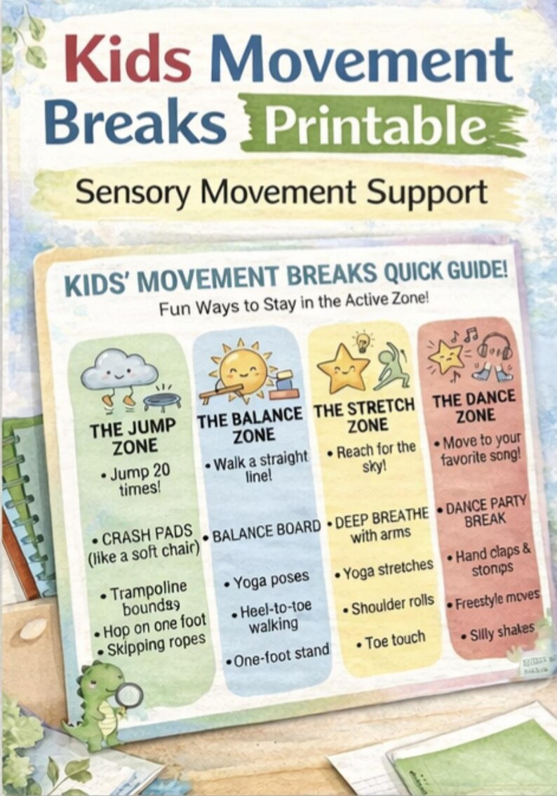 K&ouml;nnte beinhalten: Druckbare "Kids Movement Breaks" Anleitung mit sensorischer Bewegungsunterst&uuml;tzung. Enth&auml;lt Zonen f&uuml;r Springen, Gleichgewicht, Dehnen und Tanzen. Bietet Aktivit&auml;ten wie Springen, Yoga-&Uuml;bungen und lustige Bewegungen. Bunt und ansprechend f&uuml;r Kinder.