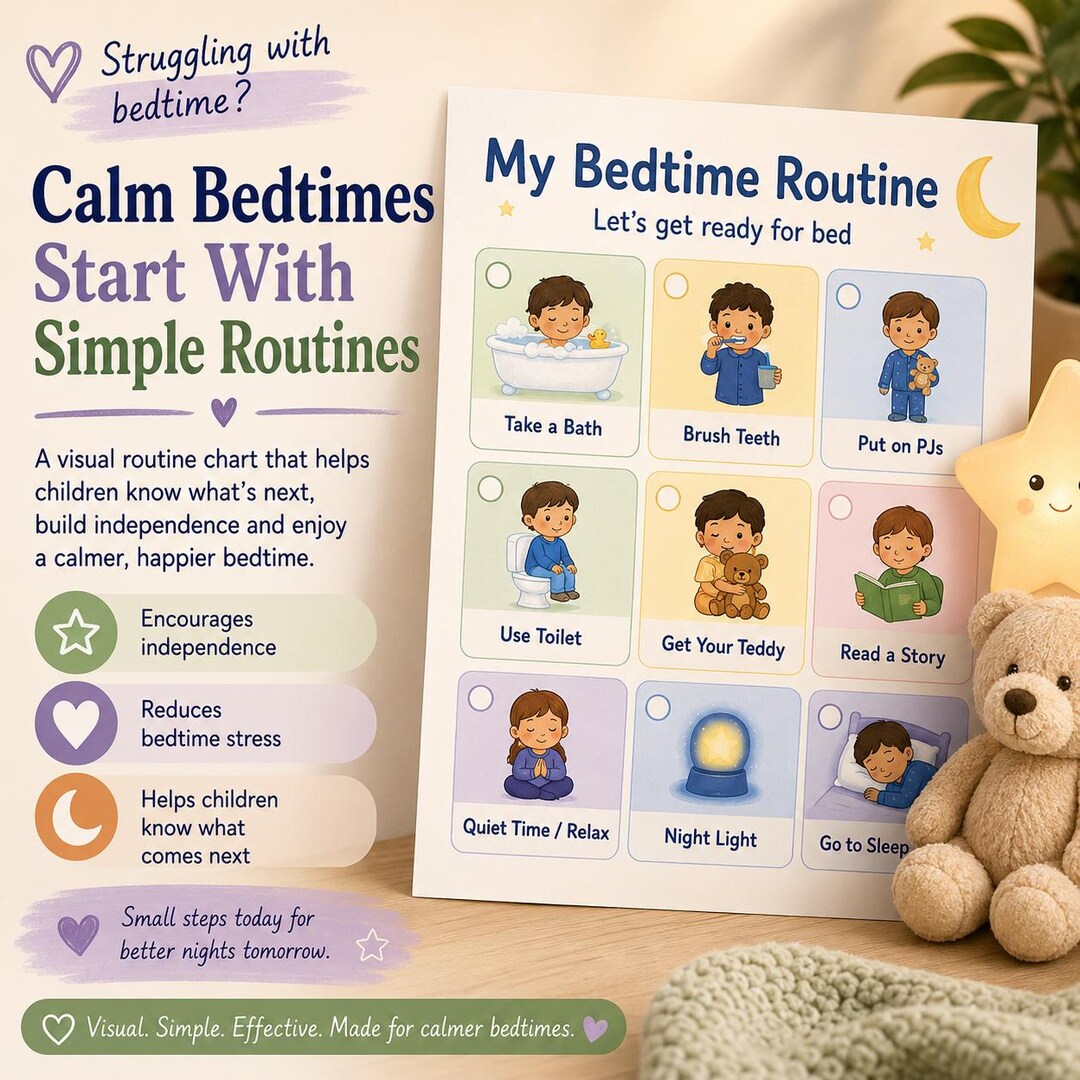 Bedtime Routine Visual Chart Printable | Kids Bedtime Schedule | Night ...