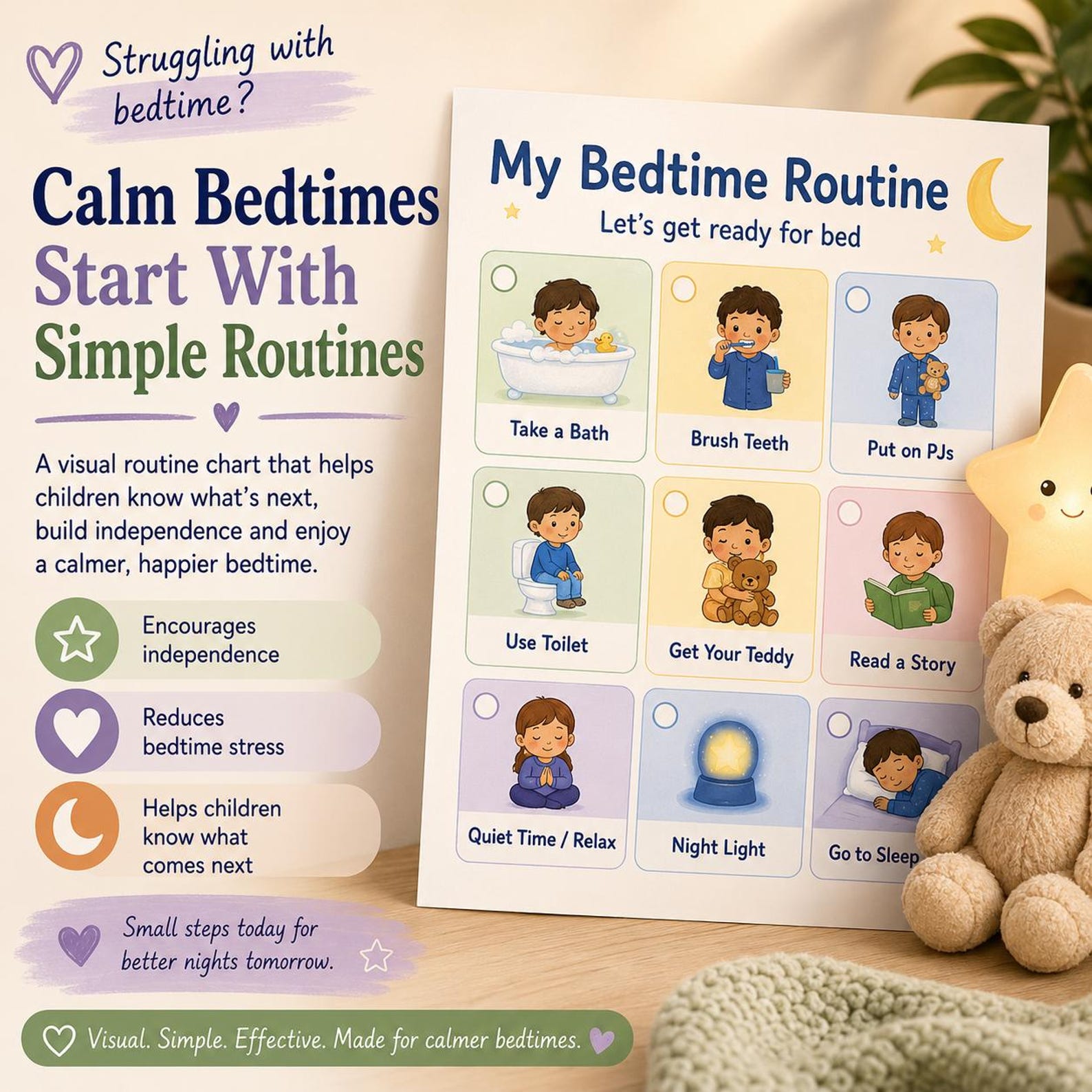 Sen Routine Ideas Bedtime Routine Visual Chart Printable | Kids Bedtime Schedule | Night ...
