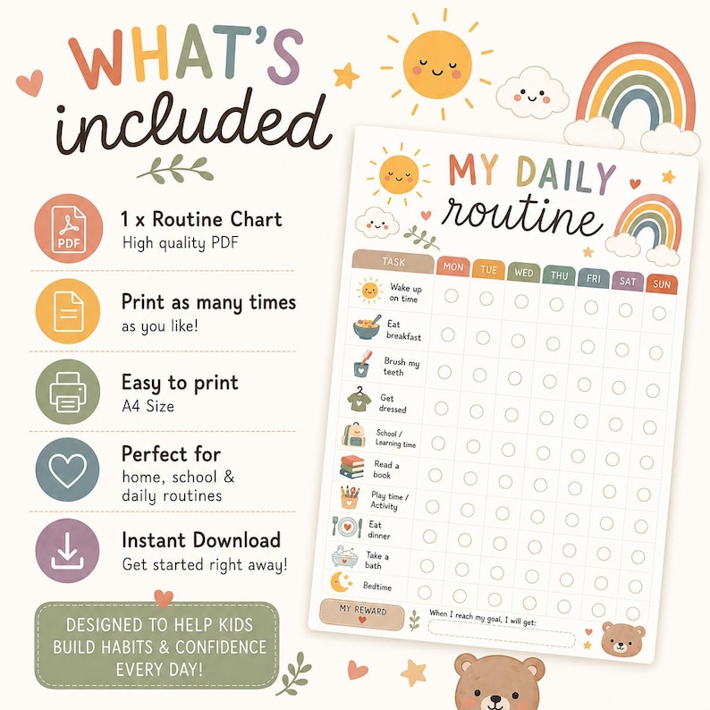 Kids Daily Routine Chart Printable | Visual Routine Checklist for ...