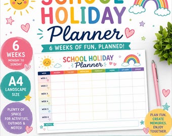 School Holiday Planner Printable | 6 Week Summer Holiday Planner | Family Activity Planner | A4 Landscape | Instant Download PDF