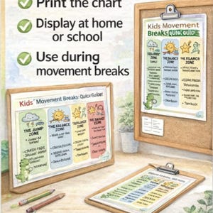 K&ouml;nnte beinhalten: Ein lehrreiches Poster im Aquarellstil mit dem Text &bdquo;How to Use&ldquo; und Anweisungen. Es zeigt einen Klemmbrett mit einem Leitfaden f&uuml;r &bdquo;Kids Movement Breaks&ldquo; und einen Holzrahmen mit einer &auml;hnlichen Tabelle. Der Text &bdquo;Supports focus & regulation&ldquo; ist ebenfalls sichtbar.