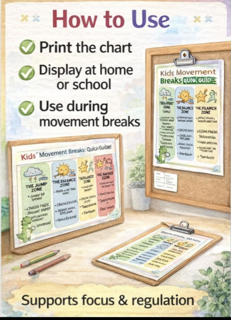 K&ouml;nnte beinhalten: Ein lehrreiches Poster im Aquarellstil mit dem Text &bdquo;How to Use&ldquo; und Anweisungen. Es zeigt einen Klemmbrett mit einem Leitfaden f&uuml;r &bdquo;Kids Movement Breaks&ldquo; und einen Holzrahmen mit einer &auml;hnlichen Tabelle. Der Text &bdquo;Supports focus & regulation&ldquo; ist ebenfalls sichtbar.