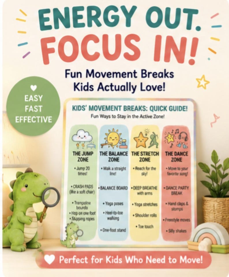 K&ouml;nnte beinhalten: Ein farbenfrohes Poster mit dem Text "ENERGY OUT. FOCUS IN!", das lustige Bewegungspausen f&uuml;r Kinder bewirbt. Enth&auml;lt einen gr&uuml;nen Dinosaurier mit einer Lupe und einen Leitfaden mit Aktivit&auml;tsideen.