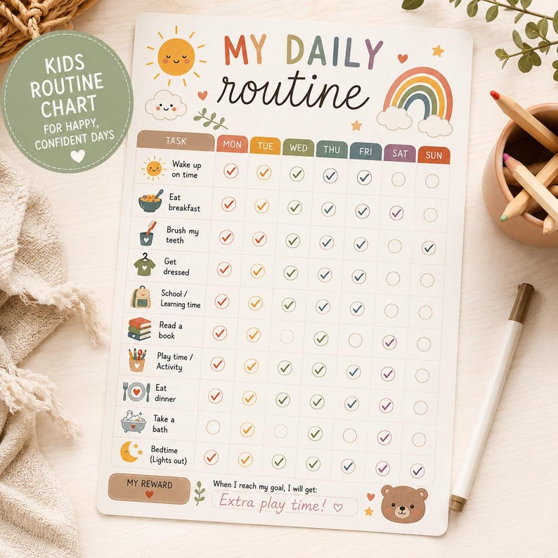 Kids Daily Routine Chart Printable | Visual Routine Checklist for ...