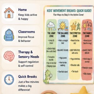 K&ouml;nnte beinhalten: Ein farbenfrohes Lehrplakat mit dem Titel "Kids' Movement Breaks: Quick Guide!" mit Illustrationen und Text. Es enth&auml;lt einen Regenbogen und einen gelben Stern. Das Plakat schl&auml;gt Bewegungsaktivit&auml;ten f&uuml;r Kinder vor.