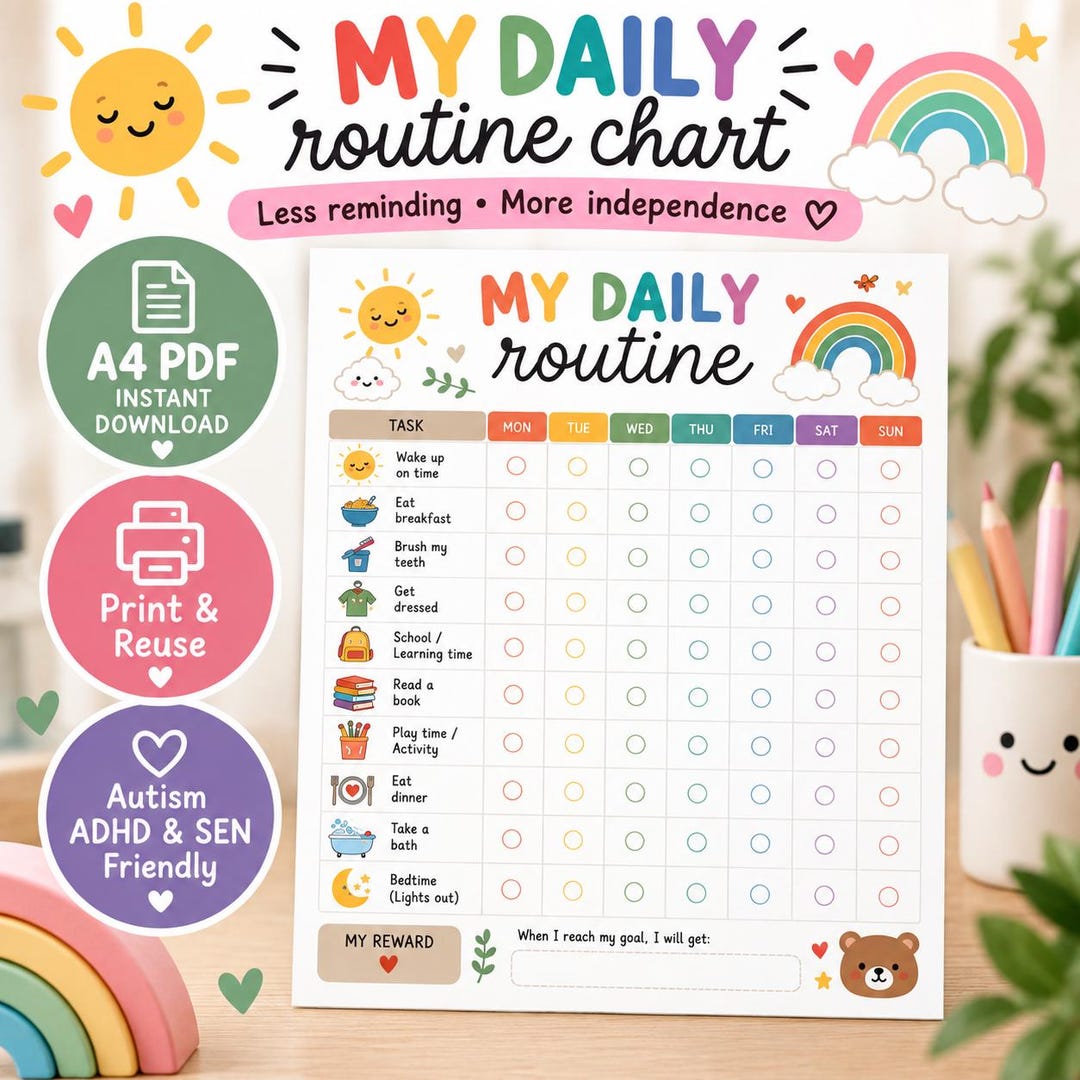 Kids Daily Routine Chart Printable | Visual Routine Checklist for ...