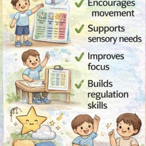 K&ouml;nnte beinhalten: Ein illustriertes Poster mit dem Text "Supports Children" oben. Das Poster zeigt Cartoon-Kinder und den Text "F&ouml;rdert Bewegung", "Unterst&uuml;tzt sensorische Bed&uuml;rfnisse", "Verbessert die Konzentration" und "F&ouml;rdert Regulierungsf&auml;higkeiten".