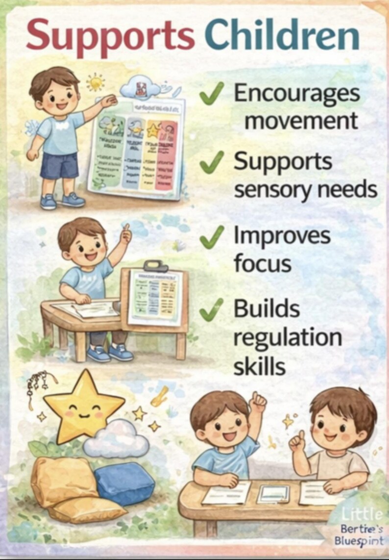 K&ouml;nnte beinhalten: Ein illustriertes Poster mit dem Text "Supports Children" oben. Das Poster zeigt Cartoon-Kinder und den Text "F&ouml;rdert Bewegung", "Unterst&uuml;tzt sensorische Bed&uuml;rfnisse", "Verbessert die Konzentration" und "F&ouml;rdert Regulierungsf&auml;higkeiten".