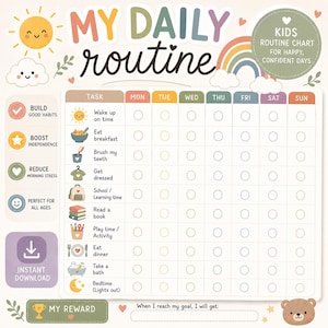 Può includere: Una tabella della routine quotidiana per bambini con una griglia settimanale per attività come sveglia, colazione, lavarsi i denti, vestirsi, scuola, leggere, giocare, cena, bagno e ora di andare a dormire. Include icone, arcobaleno e premi.