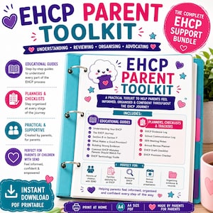 Puede incluir: Una carpeta de tres anillas de color verde azulado que contiene el EHCP Parent Toolkit, una guía impresa con materiales educativos, listas de verificación y rastreadores. La portada muestra una nube, corazones y texto sobre el proceso EHCP.