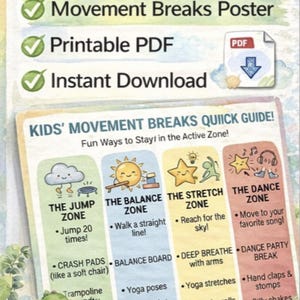 K&ouml;nnte beinhalten: Ein farbenfrohes Poster mit dem Titel &bdquo;Was ist enthalten&ldquo; mit Optionen f&uuml;r &bdquo;Movement Breaks Poster&ldquo;, &bdquo;Druckbares PDF&ldquo; und &bdquo;Sofort-Download&ldquo;. Das Poster enth&auml;lt einen &bdquo;Kids' Movement Breaks Quick Guide&ldquo; mit lustigen Aktivit&auml;ten wie Springen, Balancieren, Dehnen und Tanzen.