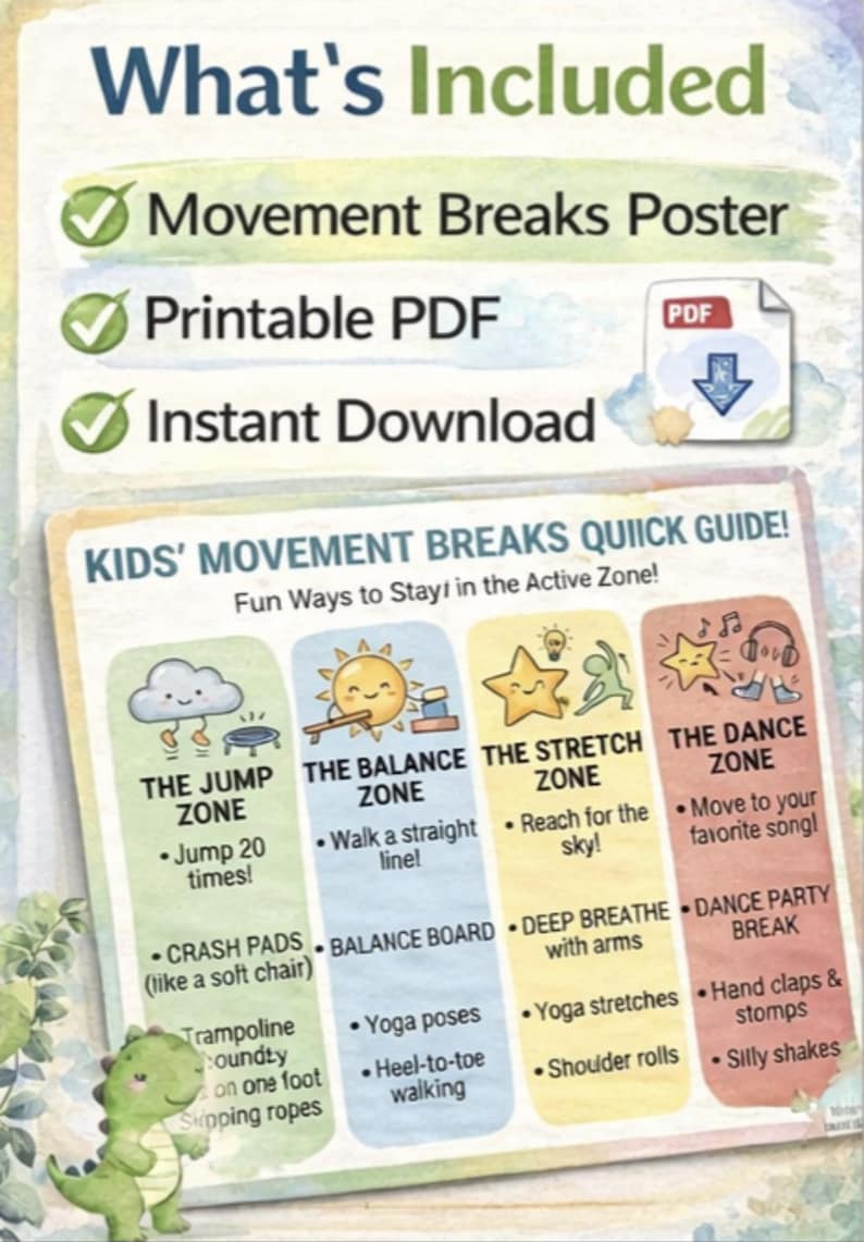 K&ouml;nnte beinhalten: Ein farbenfrohes Poster mit dem Titel &bdquo;Was ist enthalten&ldquo; mit Optionen f&uuml;r &bdquo;Movement Breaks Poster&ldquo;, &bdquo;Druckbares PDF&ldquo; und &bdquo;Sofort-Download&ldquo;. Das Poster enth&auml;lt einen &bdquo;Kids' Movement Breaks Quick Guide&ldquo; mit lustigen Aktivit&auml;ten wie Springen, Balancieren, Dehnen und Tanzen.