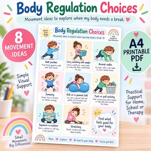 May include: A printable A4 PDF chart titled Body Regulation Choices featuring eight illustrated movement ideas for children. The colorful graphic includes instructions for wall pushes, carrying weight, animal walks, jumping, rolling on a ball, pushing or pulling, squeezing a cushion, and stretching.