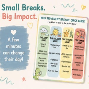 K&ouml;nnte beinhalten: Ein farbenfroher Leitfaden mit dem Titel "Kids' Movement Breaks: Quick Guide!" mit dem Text "Small Breaks. Big Impact." Der Leitfaden enth&auml;lt vier Zonen: Springen, Gleichgewicht, Dehnen und Tanzen, jede mit Aktivit&auml;tsvorschl&auml;gen. Eine Dinosaurier-Illustration befindet sich unten.