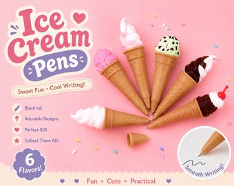 Bolígrafos con forma de cono de helado / Artículos de papelería Kawaii / Accesorios de escritorio (Juego de 6 sabores)