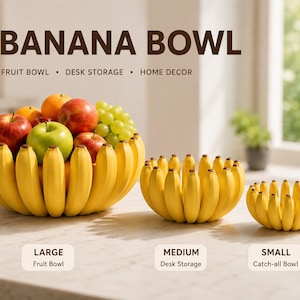 Peut inclure: Trois bols jaunes en forme de banane de différentes tailles. Le plus grand bol est rempli de fruits. Le texte sur l'image indique "BANANA BOWL, FRUIT BOWL, DESK STORAGE, HOME DECOR, LARGE, MEDIUM, SMALL".