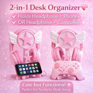 May include: A pink 2-in-1 desk organiser with a star and wing design. It holds headphones and a phone or headphones and a controller. Designed for an aesthetic desk setup.