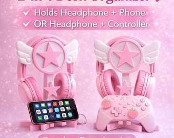 Soporte rosa para auriculares con soporte para teléfono – Organizador de escritorio Kawaii – Soporte para mando de videojuegos – 2 en 1