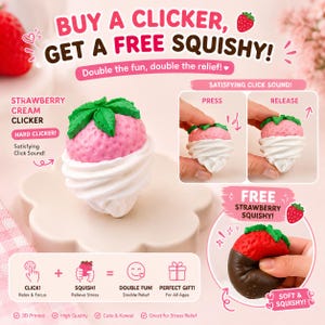 Puede incluir: Anuncio de un clicker de crema de fresa y un squishy de fresa gratis. El clicker es rosa con hojas verdes y crema blanca. El texto dice "¡Compra un clicker, obtén un squishy gratis!"