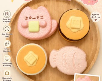 Squishy Drop de edición limitada / Gran gato de mantequilla de 8 cm, Taiyaki, Panqueque Coleccionable