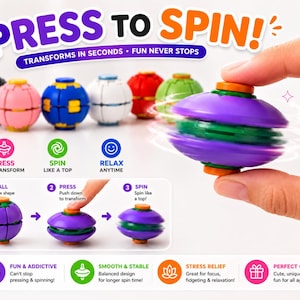 Peut inclure: Un jouet rotatif violet et orange qui se transforme d'une forme de boule en un disque plat lorsqu'on appuie dessus. L'image comprend les étiquettes PRESS TO SPIN, TRANSFORMS IN SECONDS, FUN NEVER STOPS et un diagramme en trois étapes du processus.