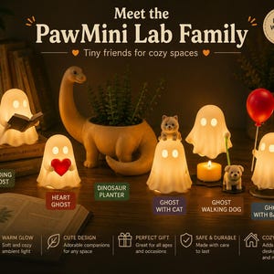 May include: A collection of PawMini Lab Family figurines including a reading ghost, a heart ghost, a dinosaur planter, a ghost with a cat, a ghost walking a dog, and a ghost with a red balloon. The text reads Meet the PawMini Lab Family.