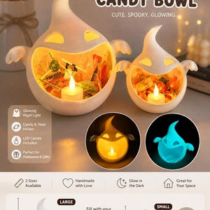 May include: Two white ghost-shaped candy bowls with hollow eyes and mouths, each containing a small LED candle and assorted treats. The large bowl measures 20cm by 20cm, and the small bowl measures 14cm by 14cm. Text reads GHOST CANDY BOWL.