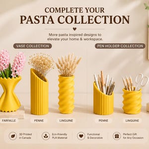 Colección de jarrones para pasta / Farfalle, Penne, Linguine / Jarrón amarillo impreso en 3D