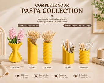 Collezione di vasi per pasta / Farfalle, Penne, Linguine / Vaso di fiori giallo stampato in 3D