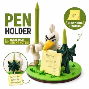 3D Printed Bird Pen Holder | Self-Adhesive Desk Organizer, Sticky Note Holder