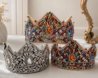 Diadema de corona de reina de cumpleaños hecha a mano con brillantes diamantes de imitación, tiara de cristal, accesorio de princesa