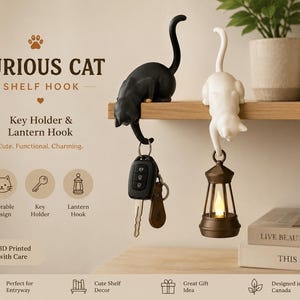 Curious Cat Shelf Hook | 3D Printed Key Holder, Lantern Decor