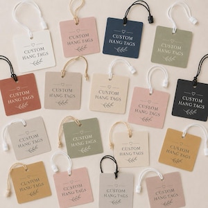 Square Hanging Clothing Tags, Brand Tag Printing, Small Business Tags: 2.5x2.5", Premium 16 pt Cardstock, Ivory, White or Black String