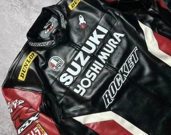 Swarovski Yoshimura Racing Lederjacke | Schwarz Rot Biker Moto Grandma Style Streetwear