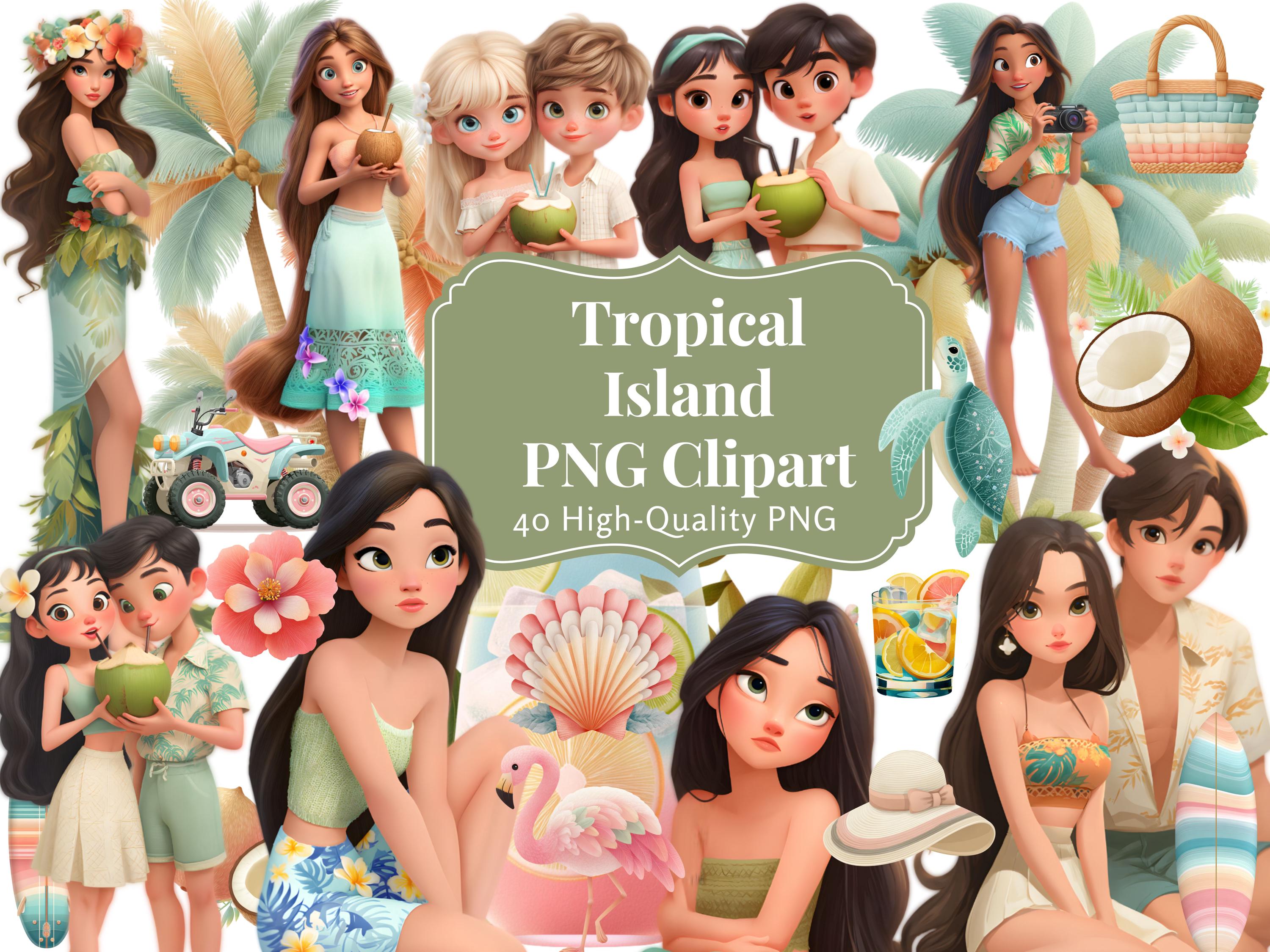 Tropical Island Clipart Bundle PNG, Beach Girl Summer Clipart, Hawaiian ...