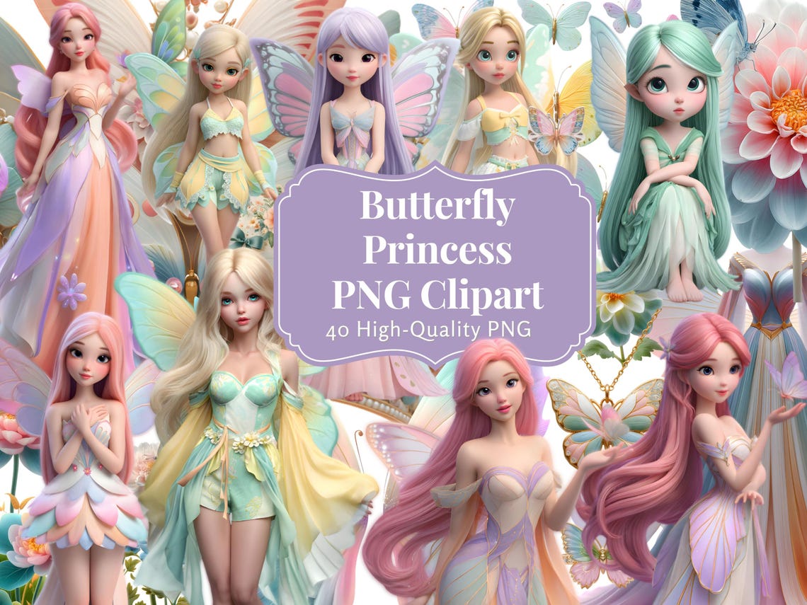 Butterfly Princess Clipart PNG Bundle, Fairy Clipart PNG, Pastel Fairy ...