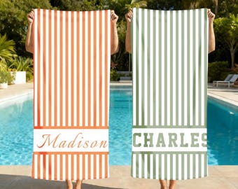 Custom Stripe Beach Towel with Name, Beach Bridal Party Towel, Preppy Girls Pool Towel, Swimming Club Towel, Summer Essentials Vacation