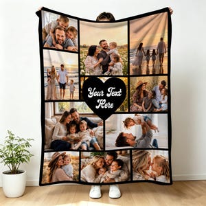May include: A rectangular photo collage blanket featuring multiple family portraits in various settings, including beach scenes, indoor living spaces, and outdoor fields. A central black heart-shaped graphic contains the white text Your Text Here.