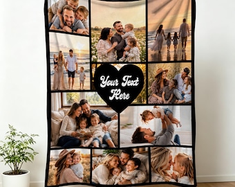 Könnte beinhalten: Eine personalisierte Fotodecke mit einer Collage aus Familienporträts in verschiedenen Umgebungen, darunter Strandszenen und Innenaufnahmen. Ein zentrales schwarzes Herz enthält den weißen Text Your Text Here.