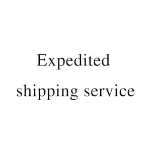 Puede incluir: Fondo blanco con las palabras "Expedited shipping service" en negro, con fuente serif. El texto está centrado y en dos líneas, con "Expedited" arriba y "shipping service" abajo.
