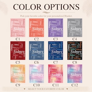 May include: A color chart for a personalized blanket featuring twelve square swatches labeled C1 through C12. Each swatch displays the name Sidney in various fonts and sizes, set against solid, gradient, or multi-colored backgrounds.