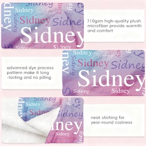 May include: A plush microfiber blanket featuring a repeating pattern of the name Sidney in various white and script fonts against a gradient background of blue, purple, and pink. The text includes 310gsm high-quality plush microfiber, advanced dye process, and neat stitching.