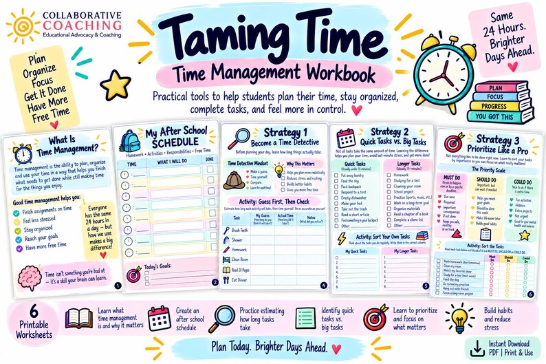 Taming Time Workbook | Executive Functioning Worksheets for Teens ...